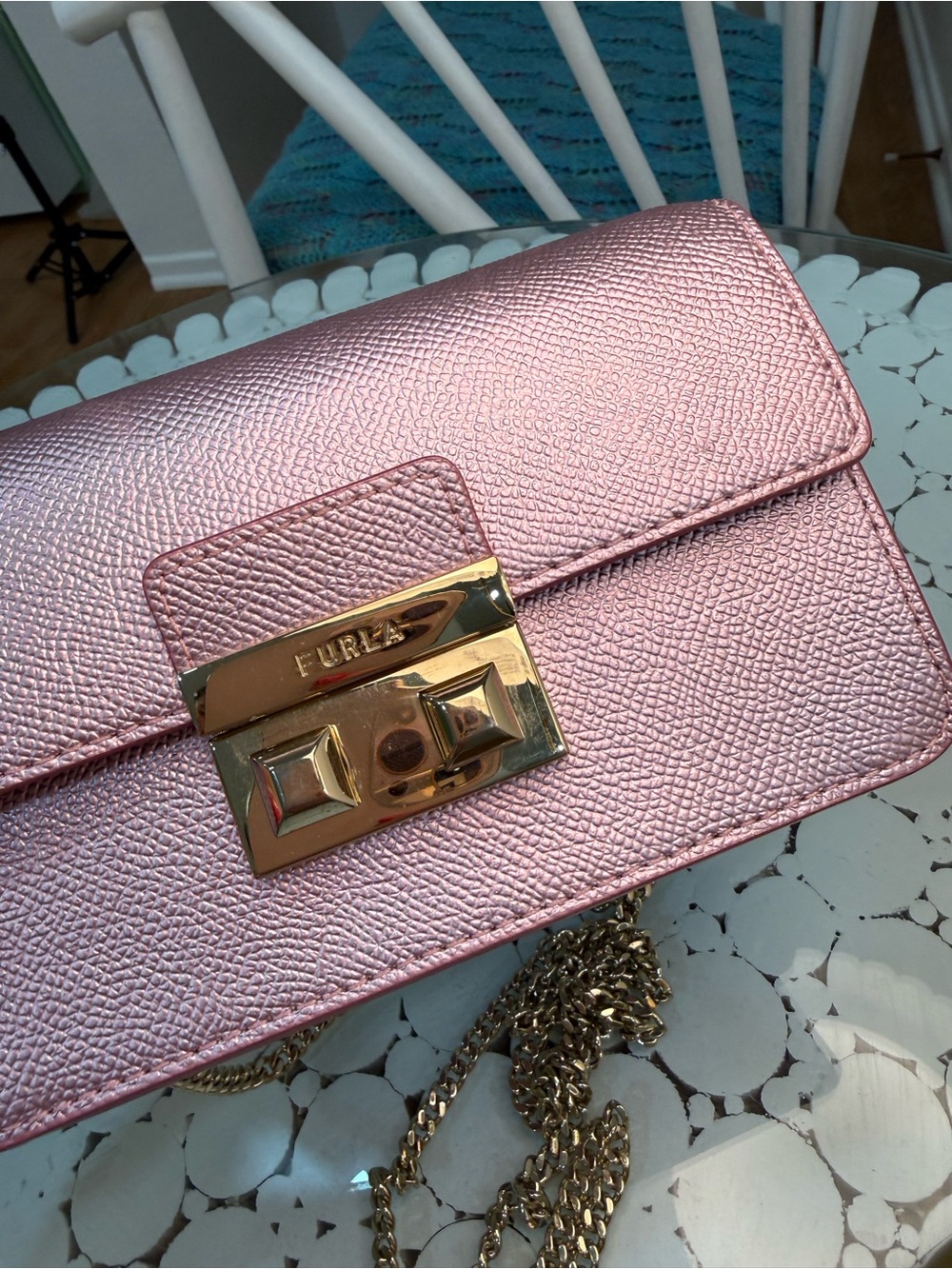 Furla Metallic Rose Pink Leather Chain Crossbody